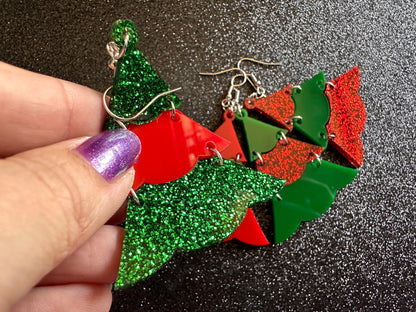 Glittery Christmas Tree Earrings: Laser Cut Acrylic Trees, Green Earrings, Xmas, Winter, Gifts for Her/Him/Them