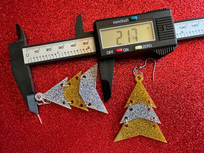 Glittery Christmas Tree Earrings: Laser Cut Acrylic Trees, Green Earrings, Xmas, Winter, Gifts for Her/Him/Them