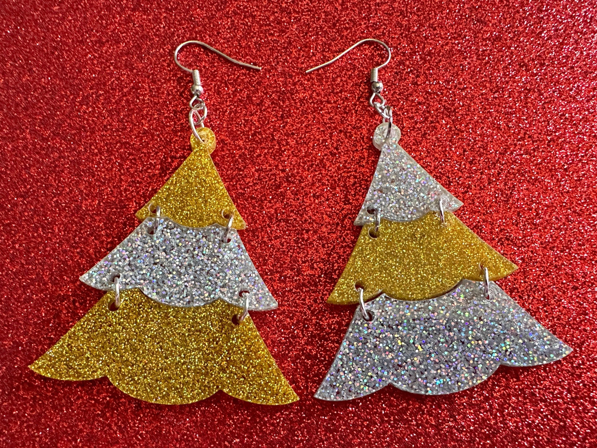 Glittery Christmas Tree Earrings: Laser Cut Acrylic Trees, Green Earrings, Xmas, X-mas, Winter, Best Gifts for Her/Him/Them