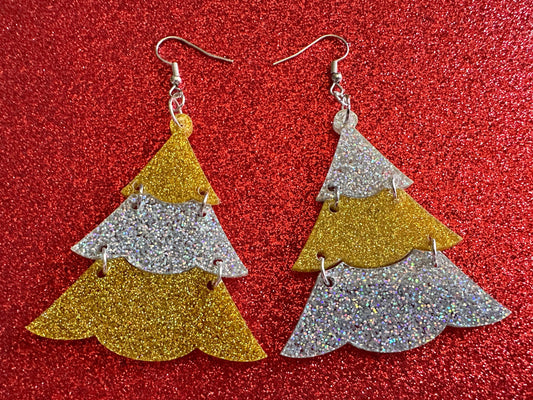 Glittery Christmas Tree Earrings: Laser Cut Acrylic Trees, Green Earrings, Xmas, X-mas, Winter, Best Gifts for Her/Him/Them