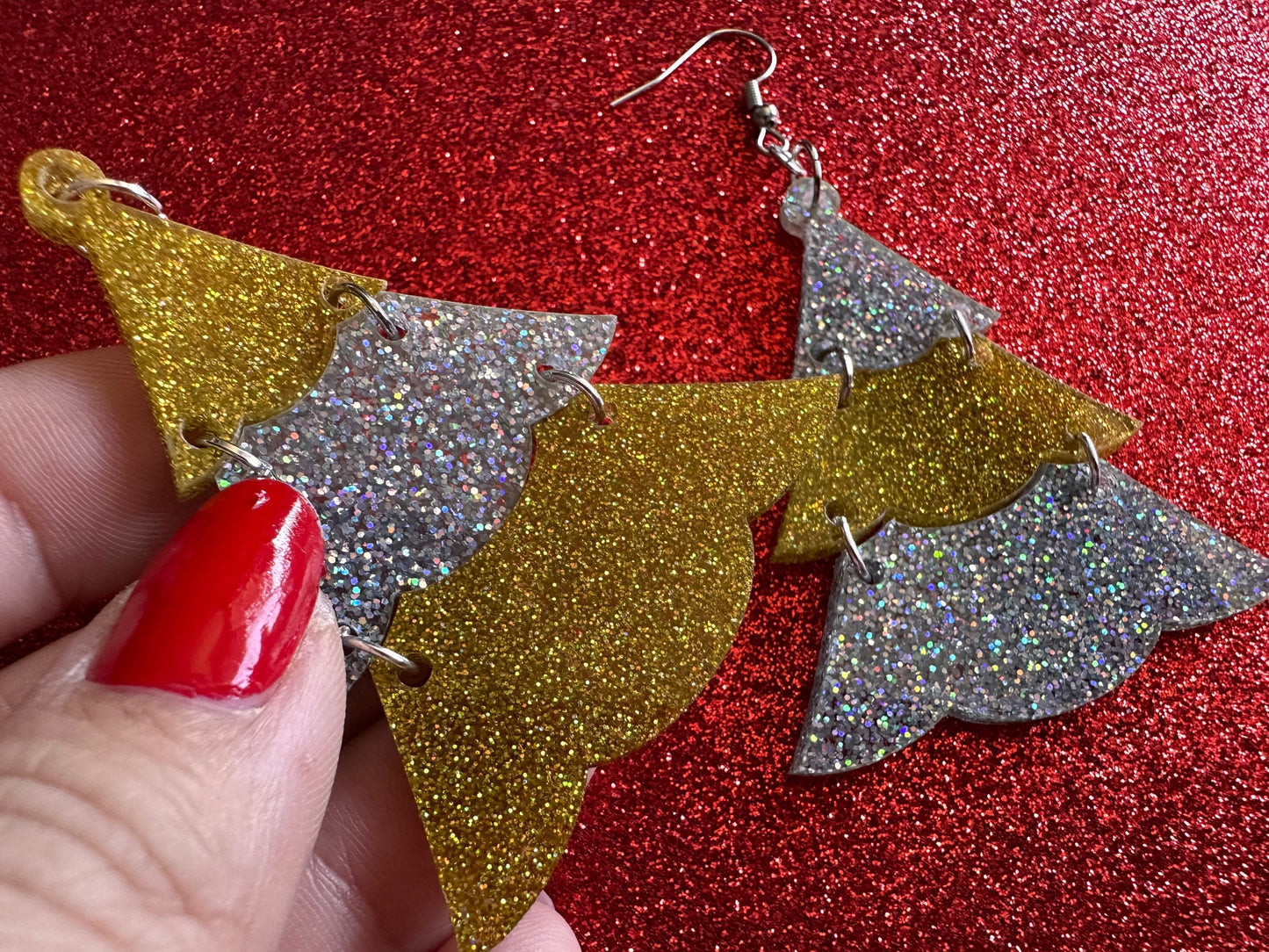 Glittery Christmas Tree Earrings: Laser Cut Acrylic Trees, Green Earrings, Xmas, X-mas, Winter, Best Gifts for Her/Him/Them