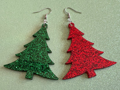 Glittery Christmas Tree Earrings: Laser Cut Acrylic Xmas Trees, Shiny, Sparkly, Green Earrings, Winter, Best Gifts for Her/Him/Them