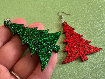 Glittery Christmas Tree Earrings: Laser Cut Acrylic Xmas Trees, Shiny, Sparkly, Green Earrings, Winter, Best Gifts for Her/Him/Them