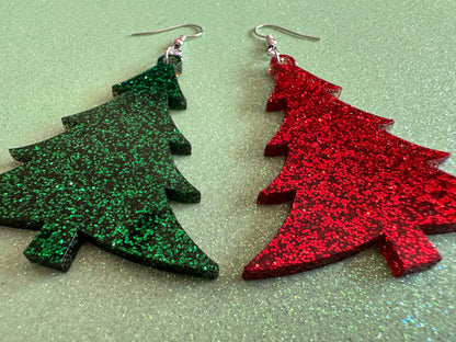 Glittery Christmas Tree Earrings: Laser Cut Acrylic Xmas Trees, Shiny, Sparkly, Green Earrings, Winter, Best Gifts for Her/Him/Them