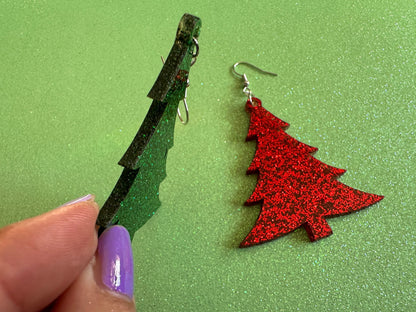 Glittery Christmas Tree Earrings: Laser Cut Acrylic Xmas Trees, Shiny, Sparkly, Green Earrings, Winter, Best Gifts for Her/Him/Them