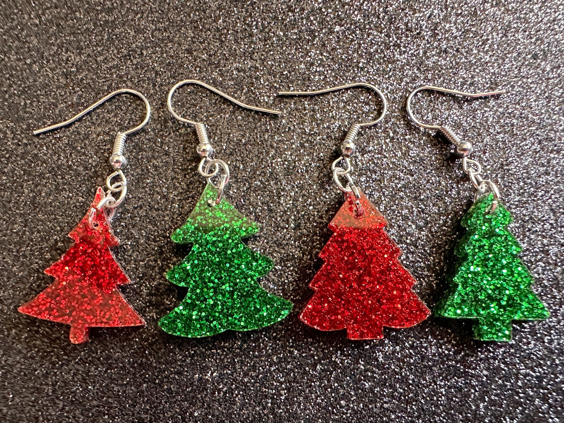 Glittery Christmas Tree Earrings: Laser Cut Acrylic Xmas Trees, Shiny, Sparkly, Green Earrings, Winter, Gifts for Her/Him/Them