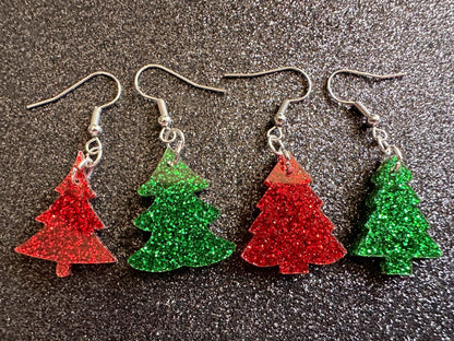Glittery Christmas Tree Earrings: Laser Cut Acrylic Xmas Trees, Shiny, Sparkly, Green Earrings, Winter, Gifts for Her/Him/Them