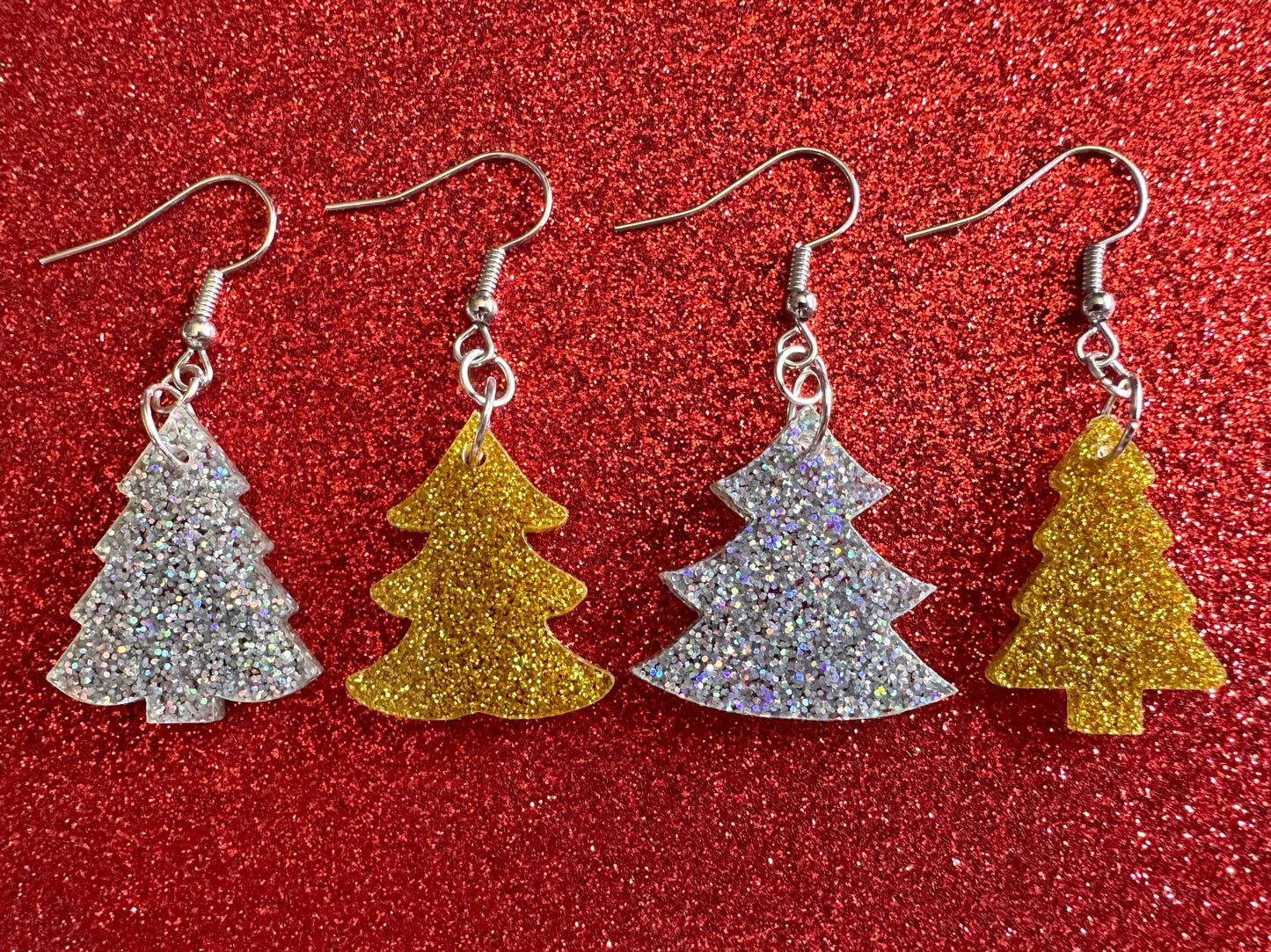 Glittery Christmas Tree Earrings: Laser Cut Acrylic Xmas Trees, Shiny, Sparkly, Green Earrings, Winter, Gifts for Her/Him/Them