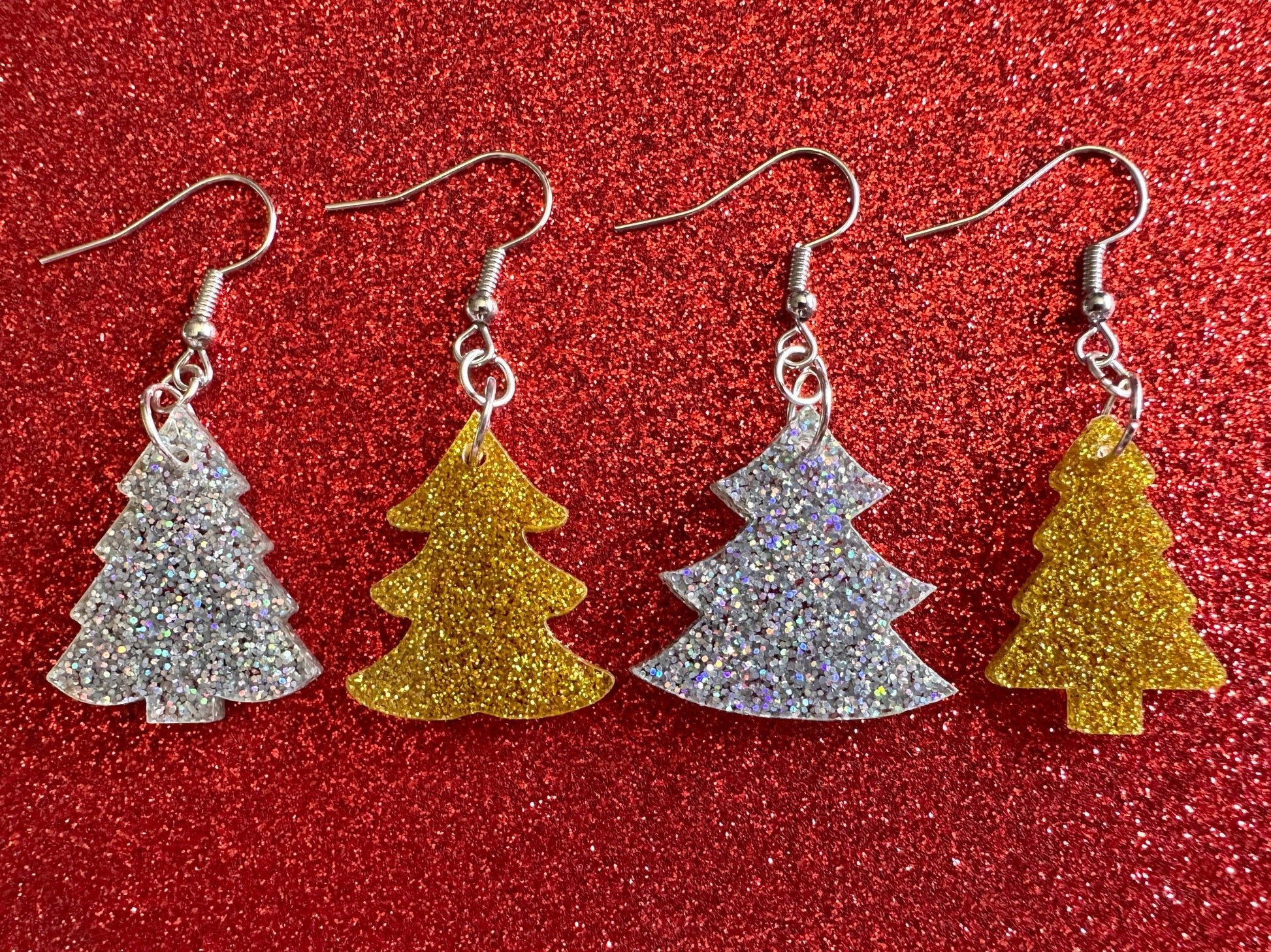 Glittery Christmas Tree Earrings: Laser Cut Acrylic Xmas Trees, Shiny, Sparkly, Green Earrings, Winter, Gifts for Her/Him/Them