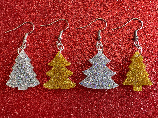 Glittery Christmas Tree Earrings: Laser Cut Acrylic Xmas Trees, Shiny, Sparkly, Green Earrings, Winter, Gifts for Her/Him/Them