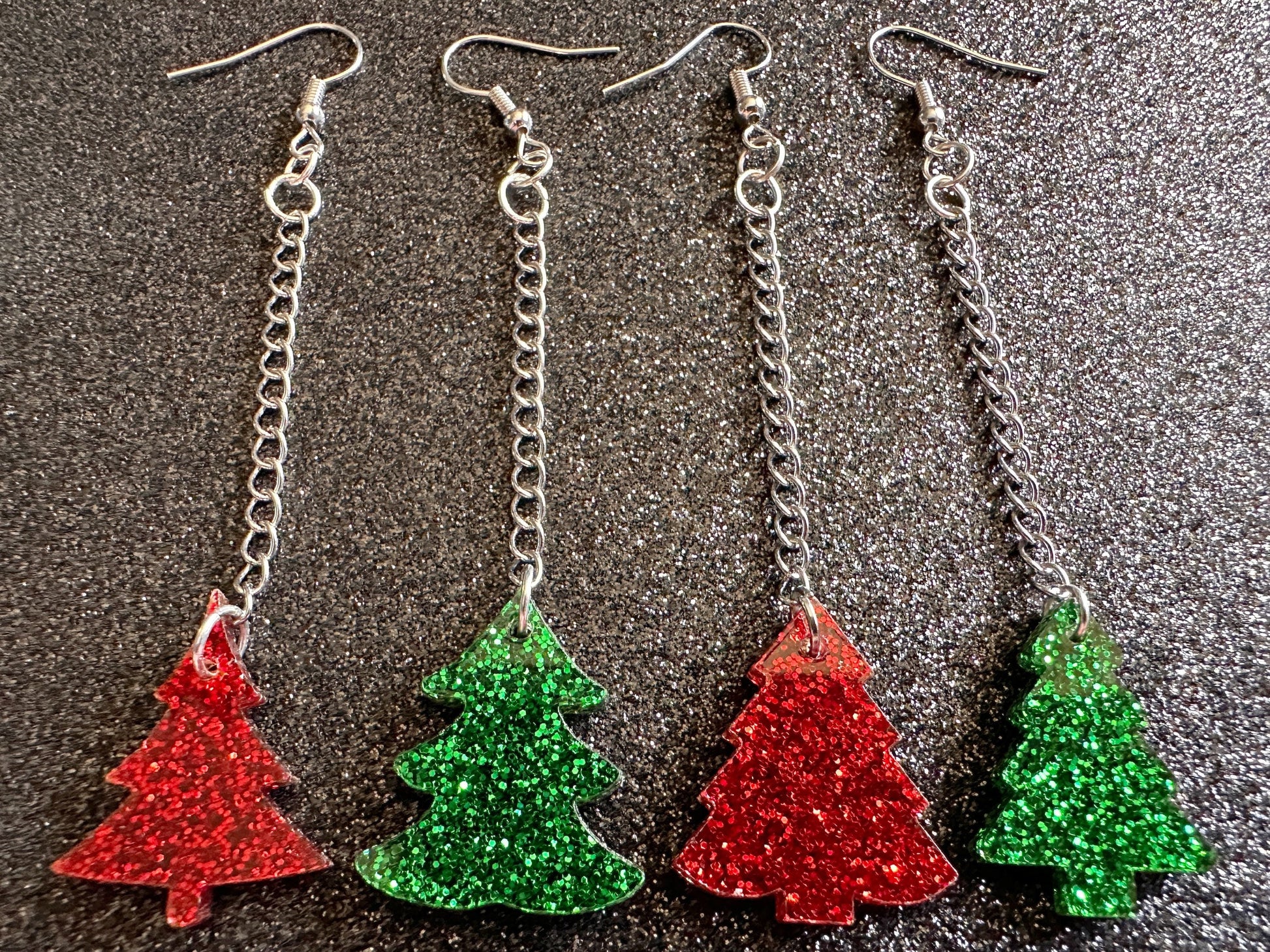 Glittery Christmas Tree Earrings: Laser Cut Acrylic Xmas Trees, Shiny, Sparkly, Green Earrings, Winter, Gifts for Her/Him/Them