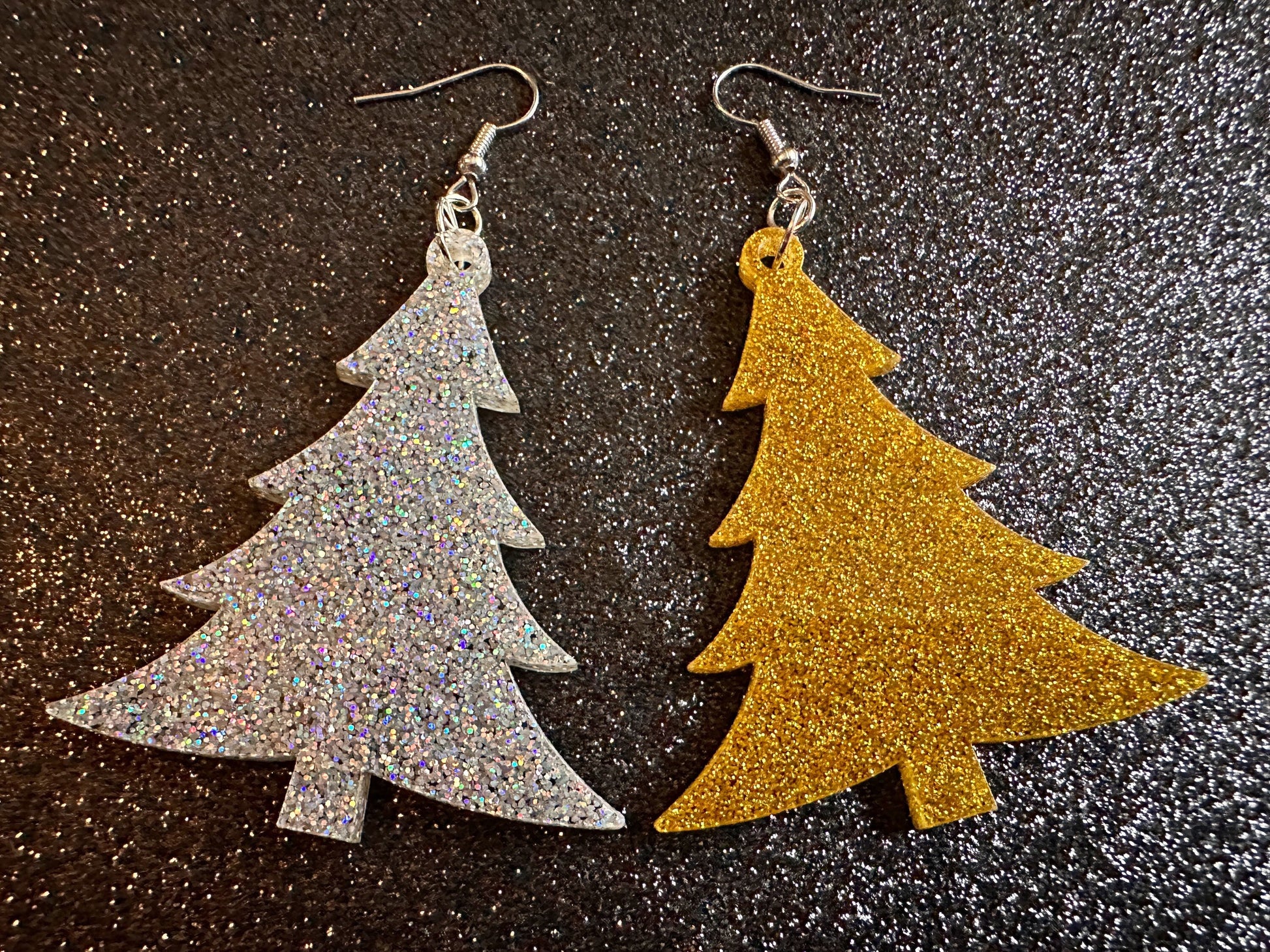Glittery Christmas Tree Earrings: Laser Cut Acrylic Xmas Trees, Shiny, Sparkly, Green Earrings, Winter, Gifts for Her/Him/Them