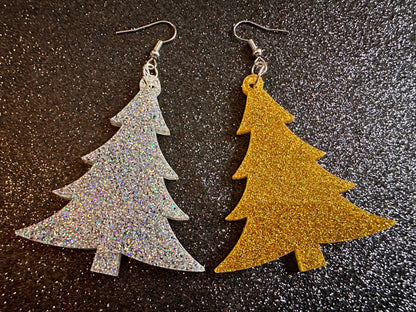 Glittery Christmas Tree Earrings: Laser Cut Acrylic Xmas Trees, Shiny, Sparkly, Green Earrings, Winter, Gifts for Her/Him/Them