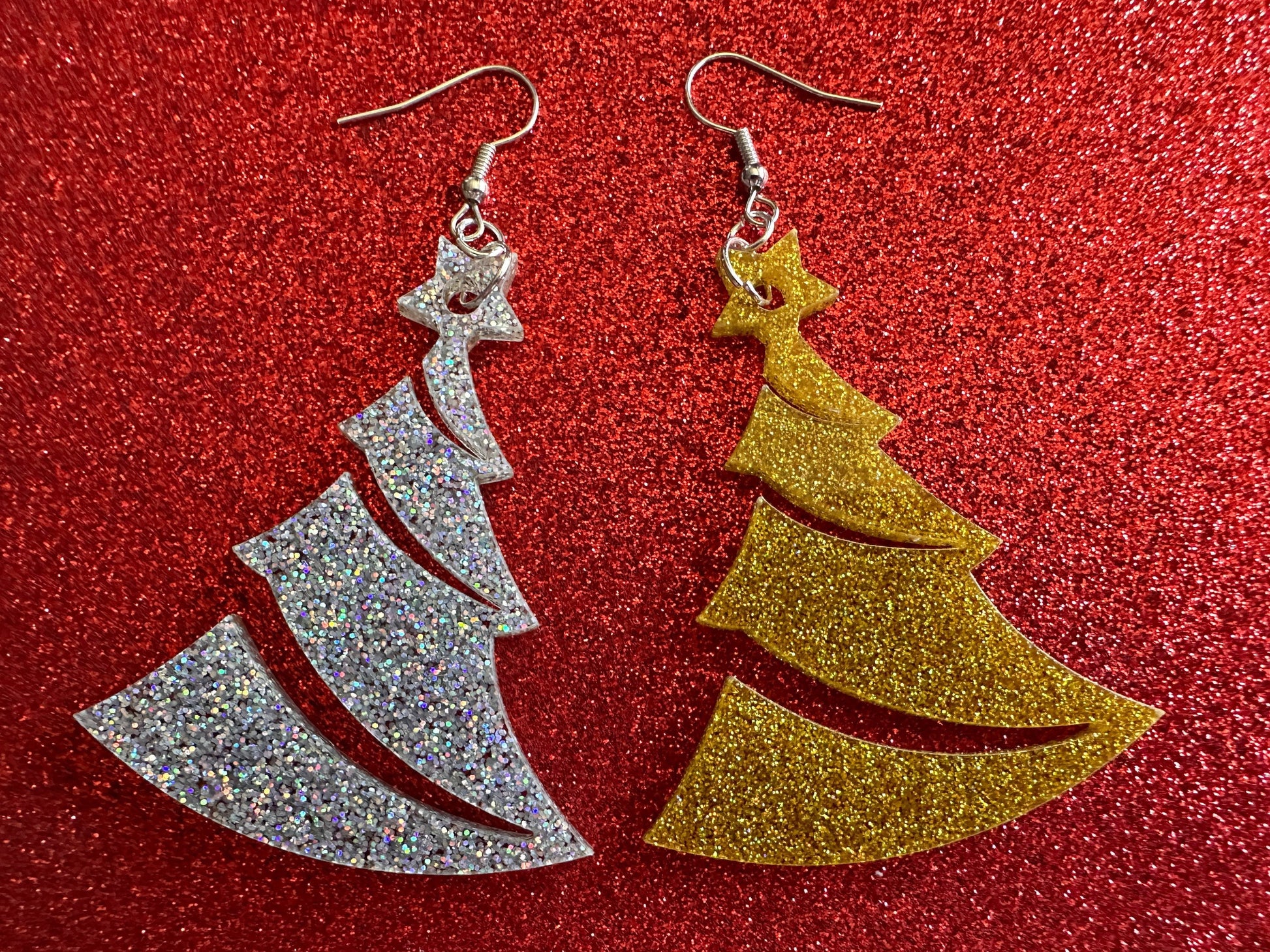 Glittery Christmas Tree Earrings: Laser Cut Acrylic Xmas Trees, Shiny, Sparkly, Green Earrings, Winter, Gifts for Her/Him/Them