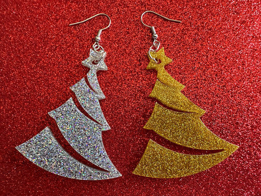 Glittery Christmas Tree Earrings: Laser Cut Acrylic Xmas Trees, Shiny, Sparkly, Green Earrings, Winter, Gifts for Her/Him/Them