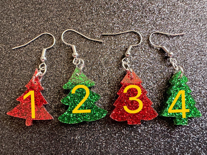 Glittery Christmas Tree Earrings: Laser Cut Acrylic Xmas Trees, Shiny, Sparkly, Green Earrings, Winter, Gifts for Her/Him/Them