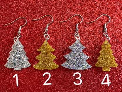 Glittery Christmas Tree Earrings: Laser Cut Acrylic Xmas Trees, Shiny, Sparkly, Green Earrings, Winter, Gifts for Her/Him/Them