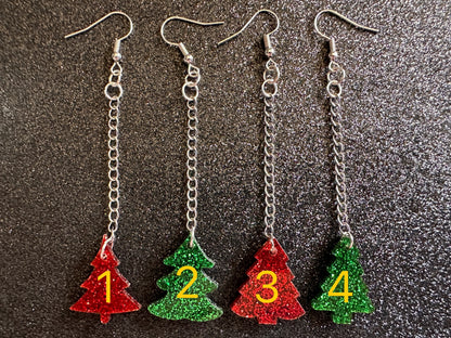 Glittery Christmas Tree Earrings: Laser Cut Acrylic Xmas Trees, Shiny, Sparkly, Green Earrings, Winter, Gifts for Her/Him/Them
