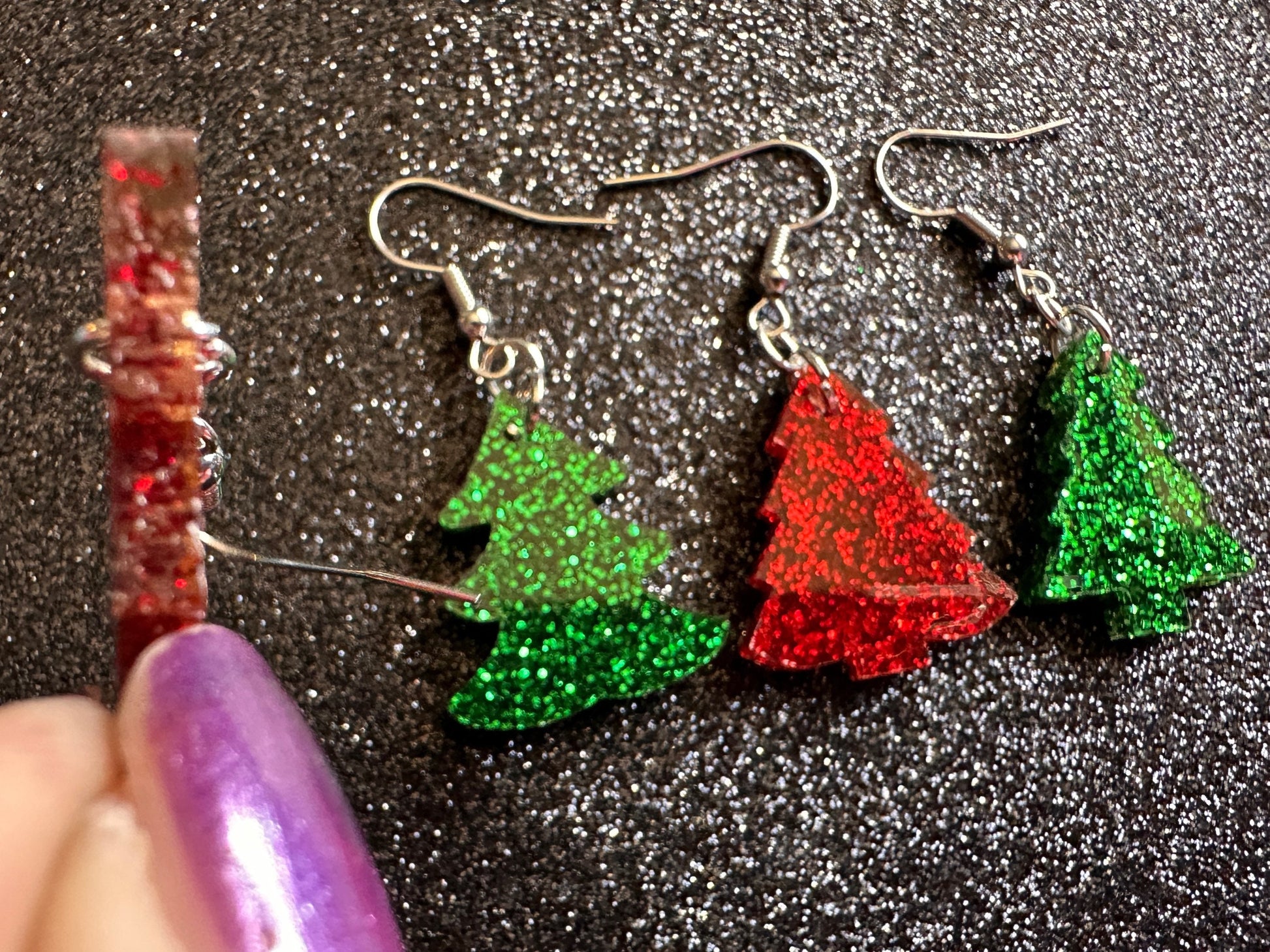 Glittery Christmas Tree Earrings: Laser Cut Acrylic Xmas Trees, Shiny, Sparkly, Green Earrings, Winter, Gifts for Her/Him/Them