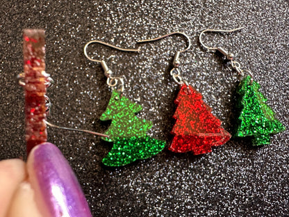 Glittery Christmas Tree Earrings: Laser Cut Acrylic Xmas Trees, Shiny, Sparkly, Green Earrings, Winter, Gifts for Her/Him/Them