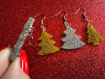 Glittery Christmas Tree Earrings: Laser Cut Acrylic Xmas Trees, Shiny, Sparkly, Green Earrings, Winter, Gifts for Her/Him/Them