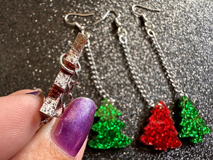 Glittery Christmas Tree Earrings: Laser Cut Acrylic Xmas Trees, Shiny, Sparkly, Green Earrings, Winter, Gifts for Her/Him/Them