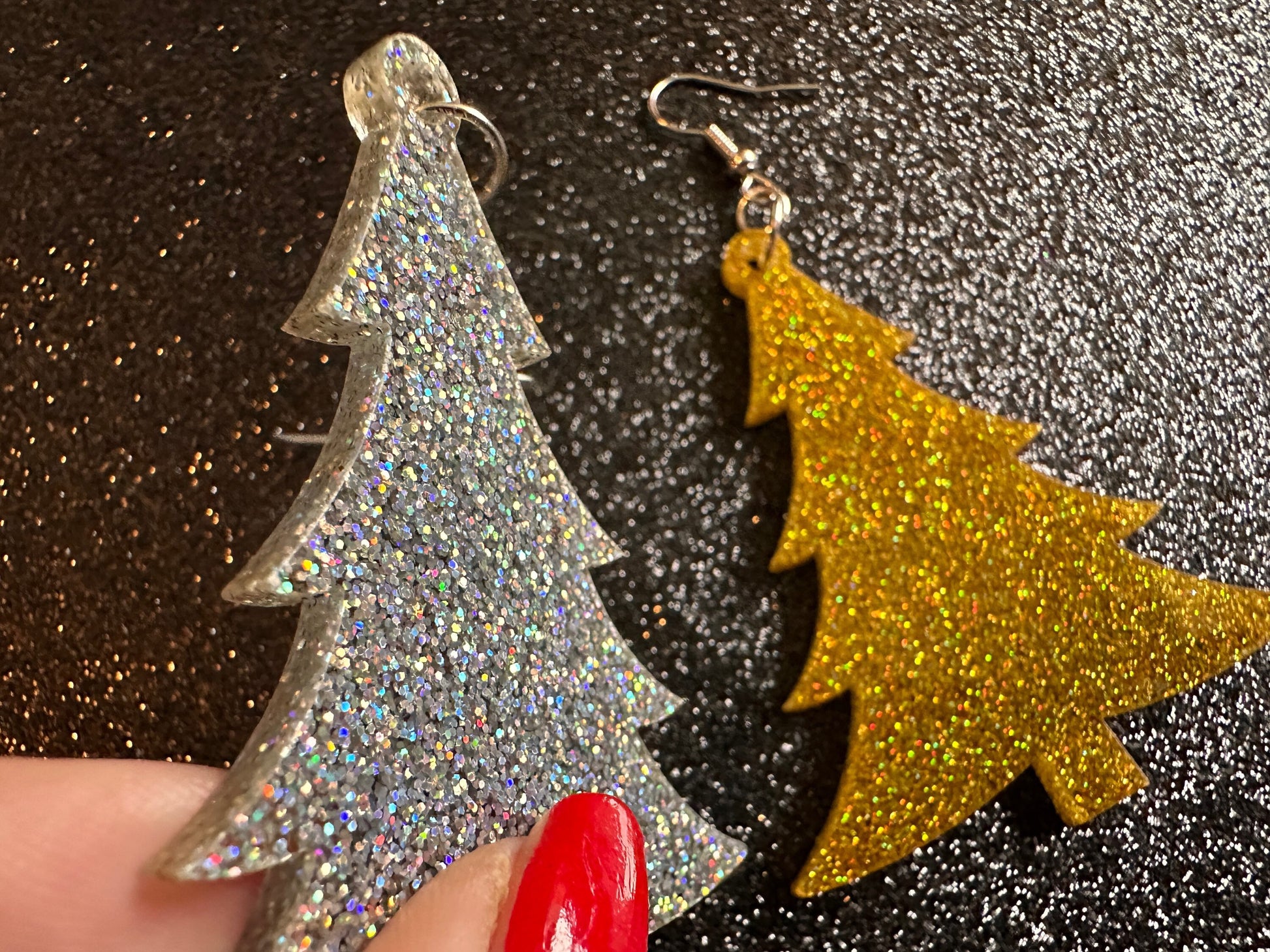 Glittery Christmas Tree Earrings: Laser Cut Acrylic Xmas Trees, Shiny, Sparkly, Green Earrings, Winter, Gifts for Her/Him/Them