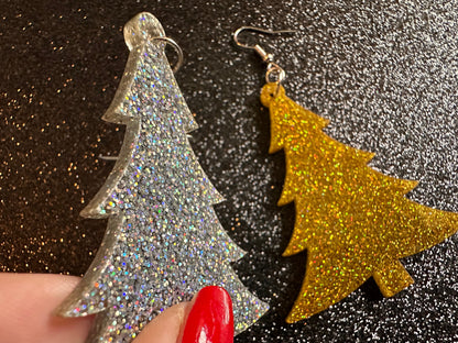 Glittery Christmas Tree Earrings: Laser Cut Acrylic Xmas Trees, Shiny, Sparkly, Green Earrings, Winter, Gifts for Her/Him/Them