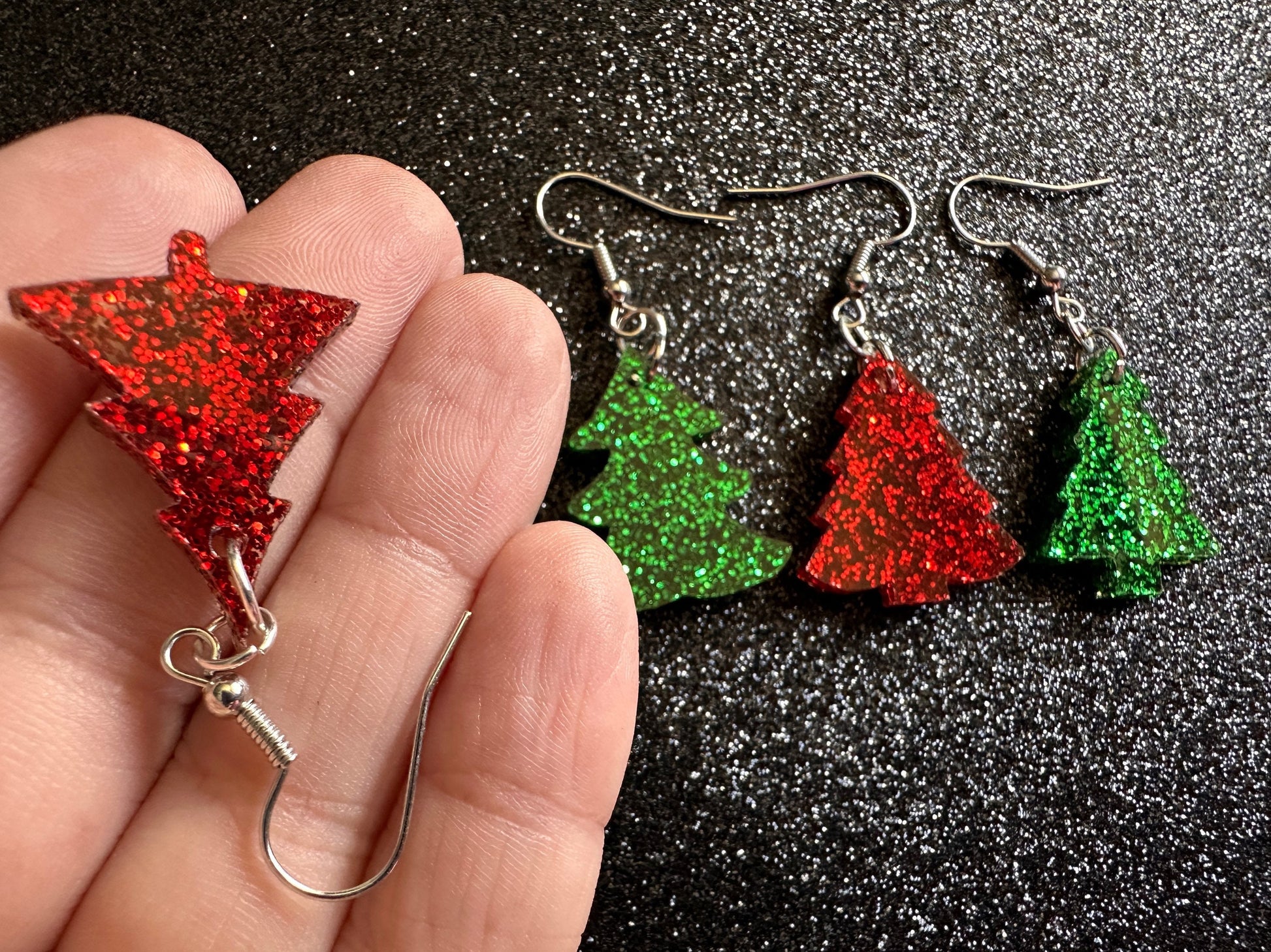Glittery Christmas Tree Earrings: Laser Cut Acrylic Xmas Trees, Shiny, Sparkly, Green Earrings, Winter, Gifts for Her/Him/Them