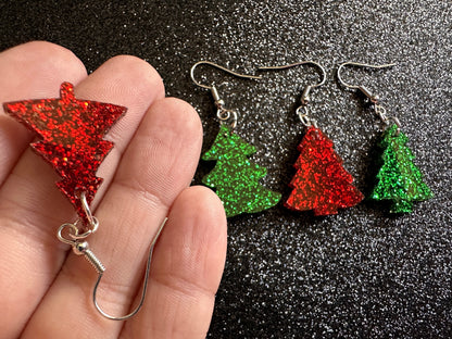 Glittery Christmas Tree Earrings: Laser Cut Acrylic Xmas Trees, Shiny, Sparkly, Green Earrings, Winter, Gifts for Her/Him/Them
