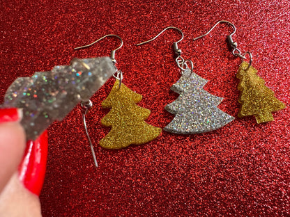 Glittery Christmas Tree Earrings: Laser Cut Acrylic Xmas Trees, Shiny, Sparkly, Green Earrings, Winter, Gifts for Her/Him/Them