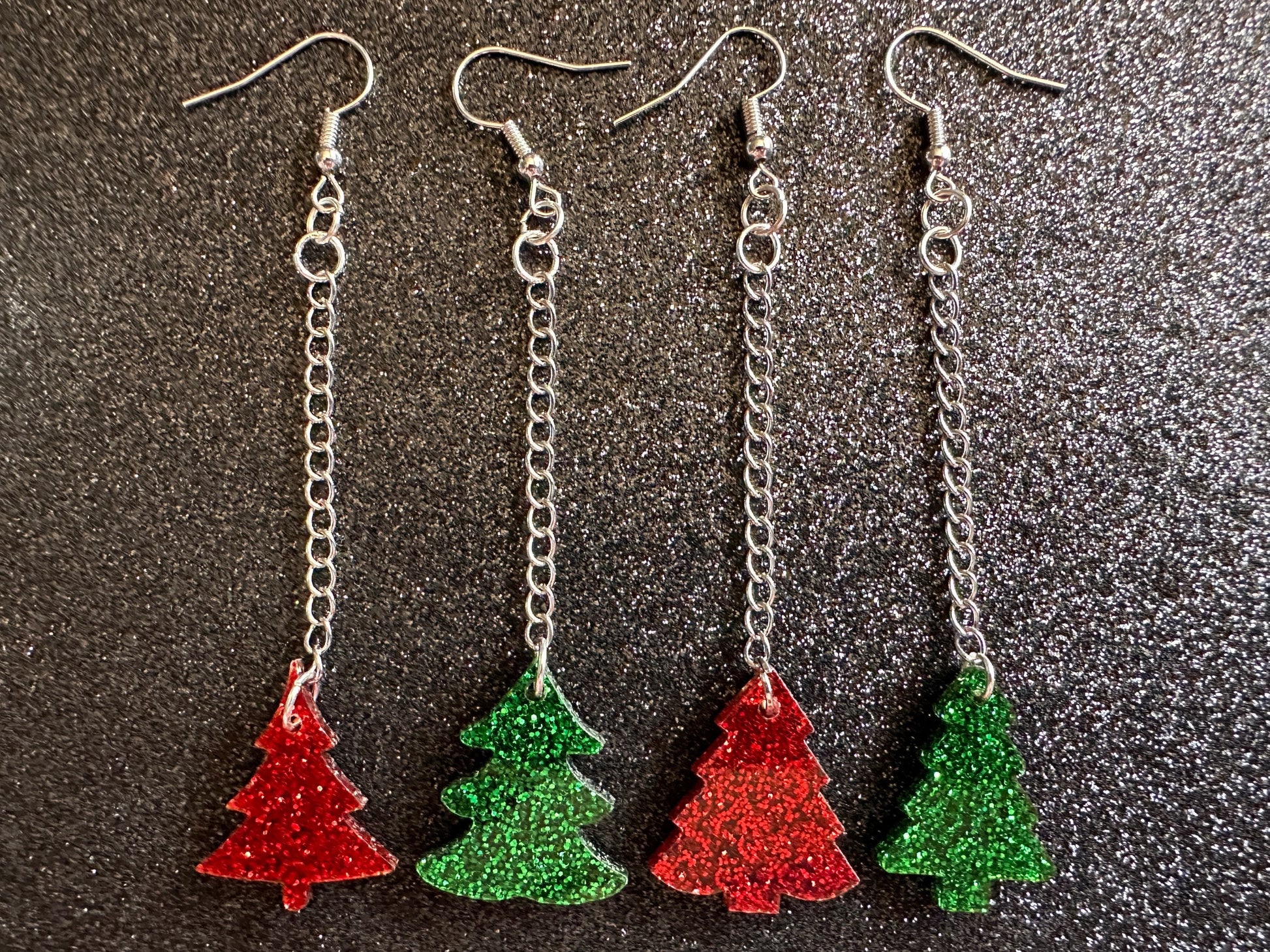 Glittery Christmas Tree Earrings: Laser Cut Acrylic Xmas Trees, Shiny, Sparkly, Green Earrings, Winter, Gifts for Her/Him/Them