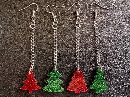 Glittery Christmas Tree Earrings: Laser Cut Acrylic Xmas Trees, Shiny, Sparkly, Green Earrings, Winter, Gifts for Her/Him/Them
