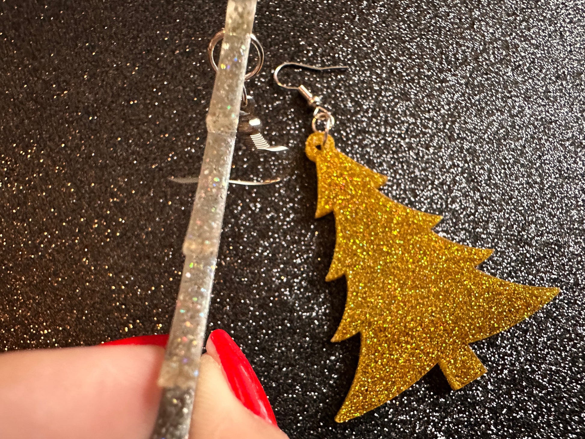 Glittery Christmas Tree Earrings: Laser Cut Acrylic Xmas Trees, Shiny, Sparkly, Green Earrings, Winter, Gifts for Her/Him/Them
