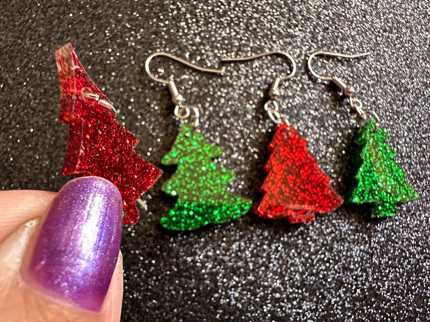 Glittery Christmas Tree Earrings: Laser Cut Acrylic Xmas Trees, Shiny, Sparkly, Green Earrings, Winter, Gifts for Her/Him/Them