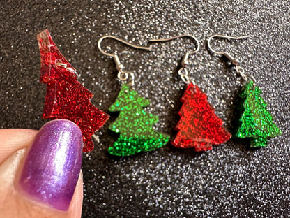 Glittery Christmas Tree Earrings: Laser Cut Acrylic Xmas Trees, Shiny, Sparkly, Green Earrings, Winter, Gifts for Her/Him/Them