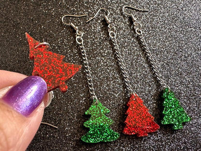 Glittery Christmas Tree Earrings: Laser Cut Acrylic Xmas Trees, Shiny, Sparkly, Green Earrings, Winter, Gifts for Her/Him/Them