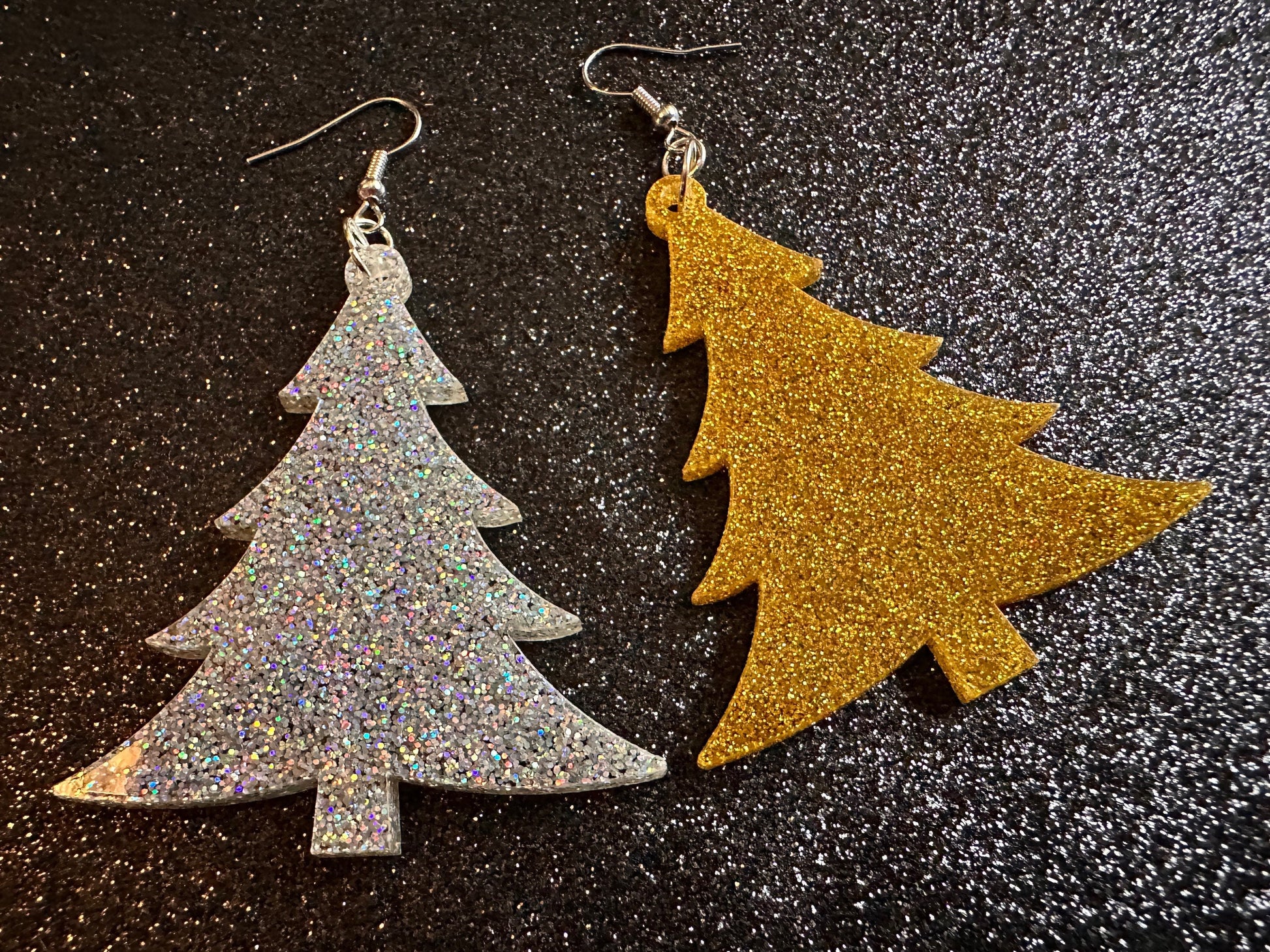 Glittery Christmas Tree Earrings: Laser Cut Acrylic Xmas Trees, Shiny, Sparkly, Green Earrings, Winter, Gifts for Her/Him/Them