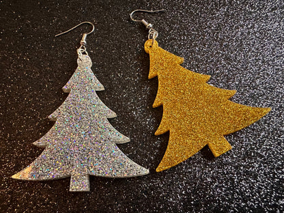 Glittery Christmas Tree Earrings: Laser Cut Acrylic Xmas Trees, Shiny, Sparkly, Green Earrings, Winter, Gifts for Her/Him/Them