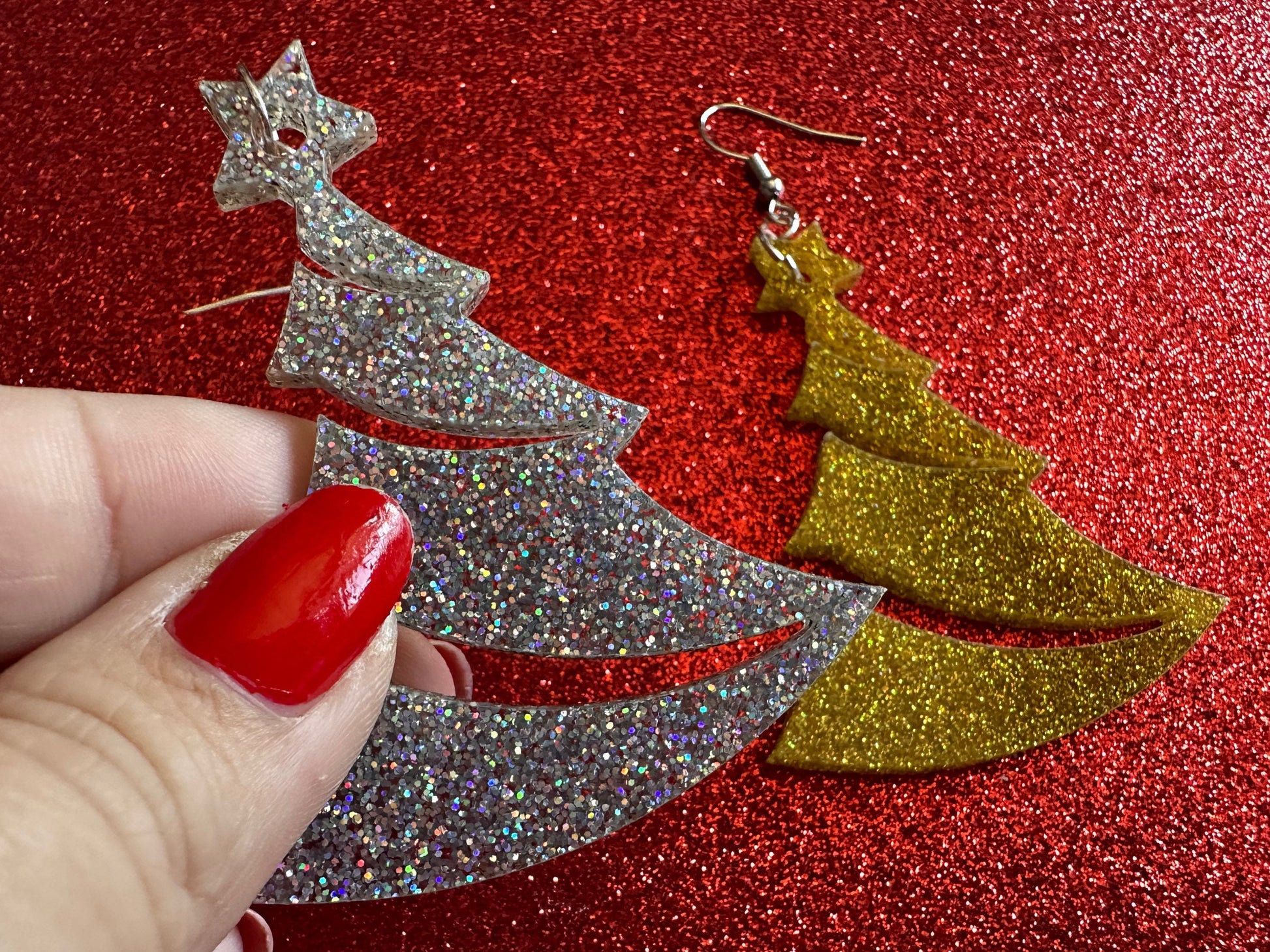Glittery Christmas Tree Earrings: Laser Cut Acrylic Xmas Trees, Shiny, Sparkly, Green Earrings, Winter, Gifts for Her/Him/Them