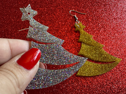 Glittery Christmas Tree Earrings: Laser Cut Acrylic Xmas Trees, Shiny, Sparkly, Green Earrings, Winter, Gifts for Her/Him/Them