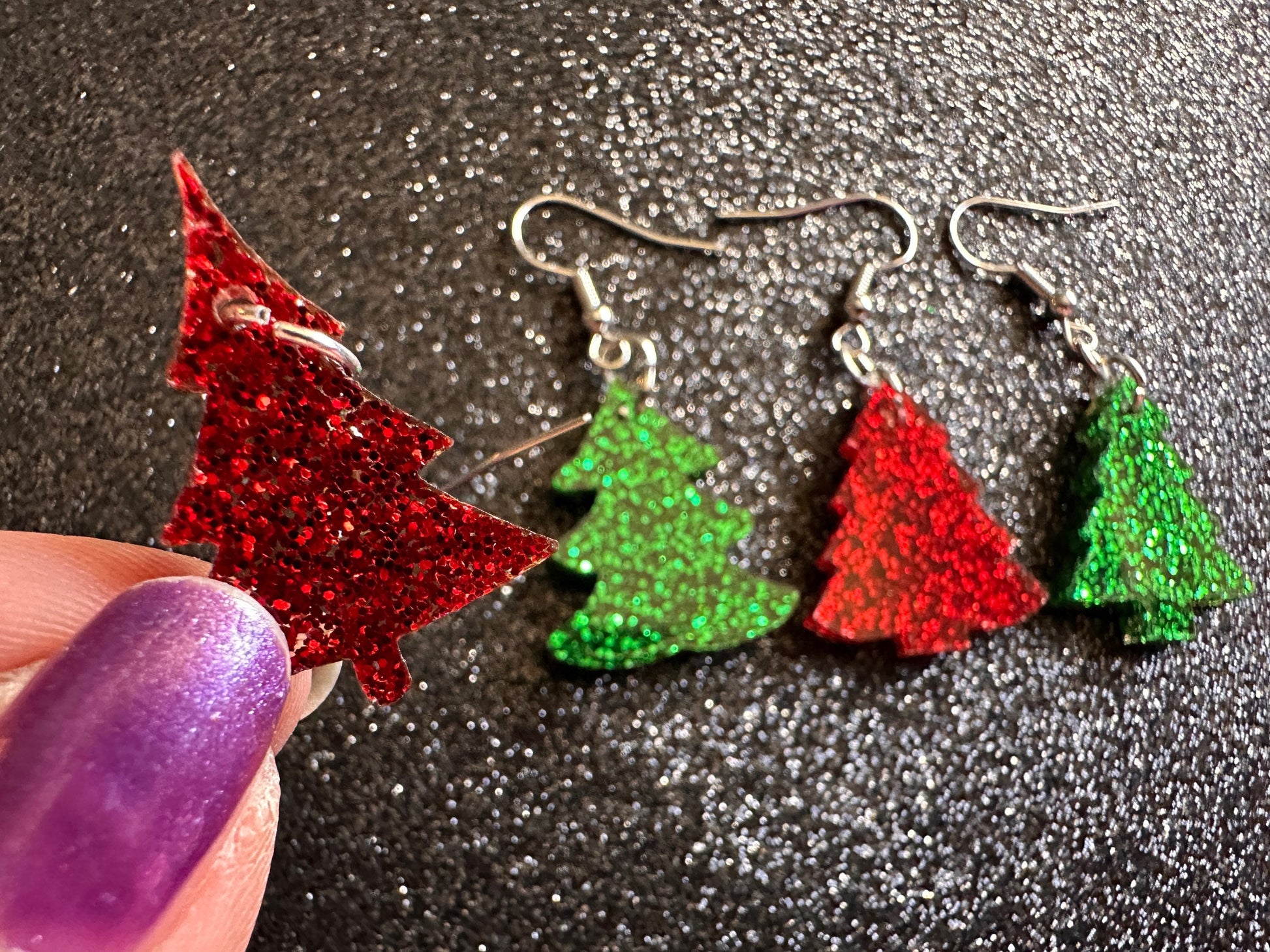 Glittery Christmas Tree Earrings: Laser Cut Acrylic Xmas Trees, Shiny, Sparkly, Green Earrings, Winter, Gifts for Her/Him/Them