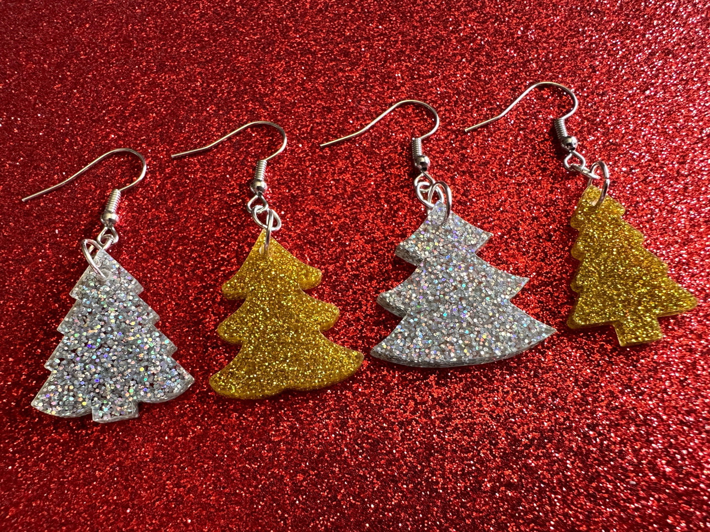 Glittery Christmas Tree Earrings: Laser Cut Acrylic Xmas Trees, Shiny, Sparkly, Green Earrings, Winter, Gifts for Her/Him/Them