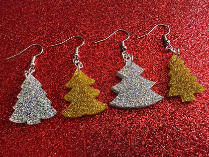 Glittery Christmas Tree Earrings: Laser Cut Acrylic Xmas Trees, Shiny, Sparkly, Green Earrings, Winter, Gifts for Her/Him/Them