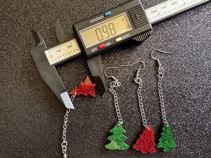 Glittery Christmas Tree Earrings: Laser Cut Acrylic Xmas Trees, Shiny, Sparkly, Green Earrings, Winter, Gifts for Her/Him/Them
