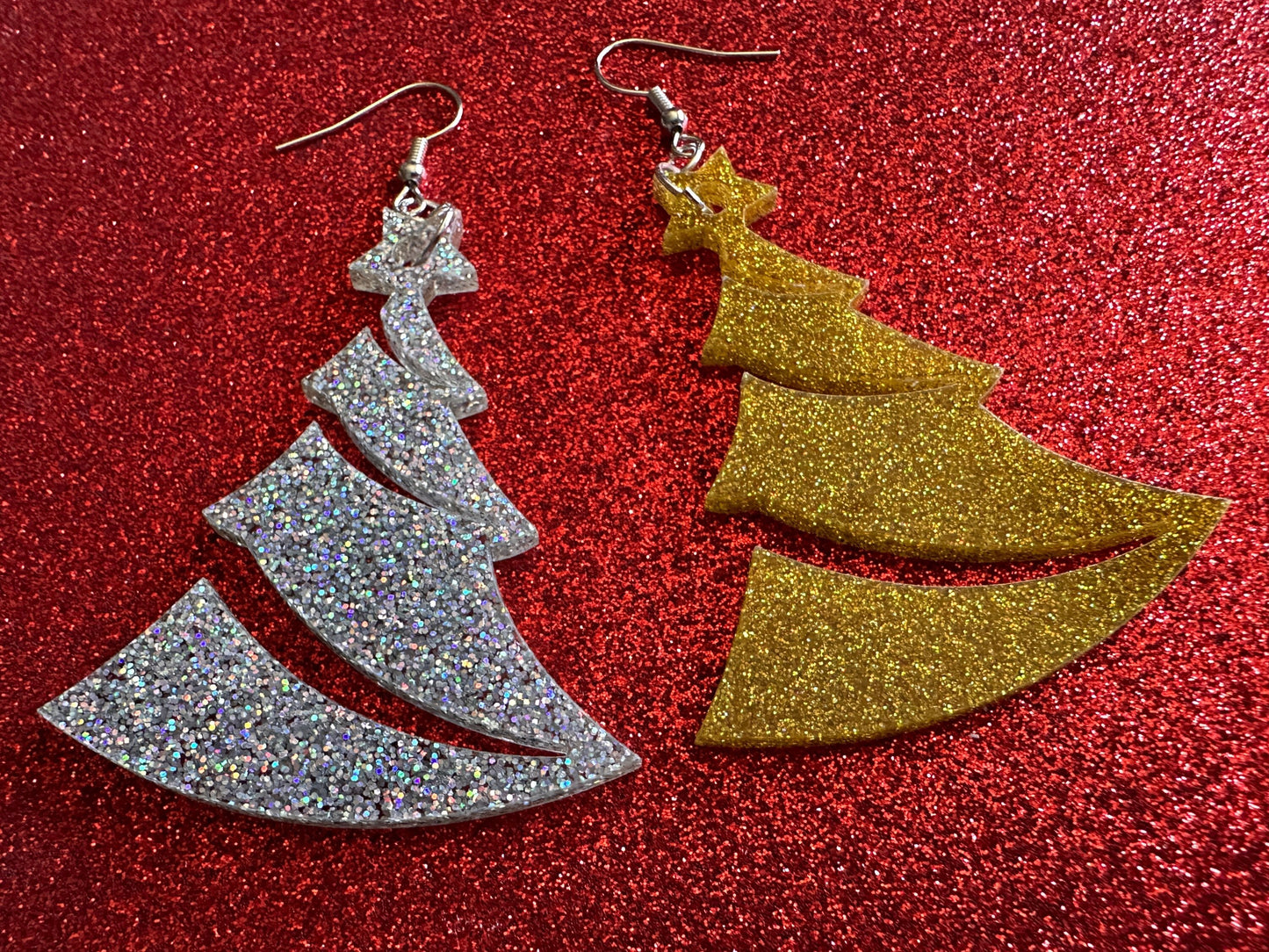 Glittery Christmas Tree Earrings: Laser Cut Acrylic Xmas Trees, Shiny, Sparkly, Green Earrings, Winter, Gifts for Her/Him/Them