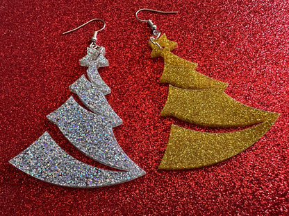 Glittery Christmas Tree Earrings: Laser Cut Acrylic Xmas Trees, Shiny, Sparkly, Green Earrings, Winter, Gifts for Her/Him/Them