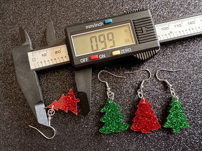 Glittery Christmas Tree Earrings: Laser Cut Acrylic Xmas Trees, Shiny, Sparkly, Green Earrings, Winter, Gifts for Her/Him/Them