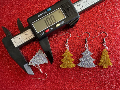 Glittery Christmas Tree Earrings: Laser Cut Acrylic Xmas Trees, Shiny, Sparkly, Green Earrings, Winter, Gifts for Her/Him/Them