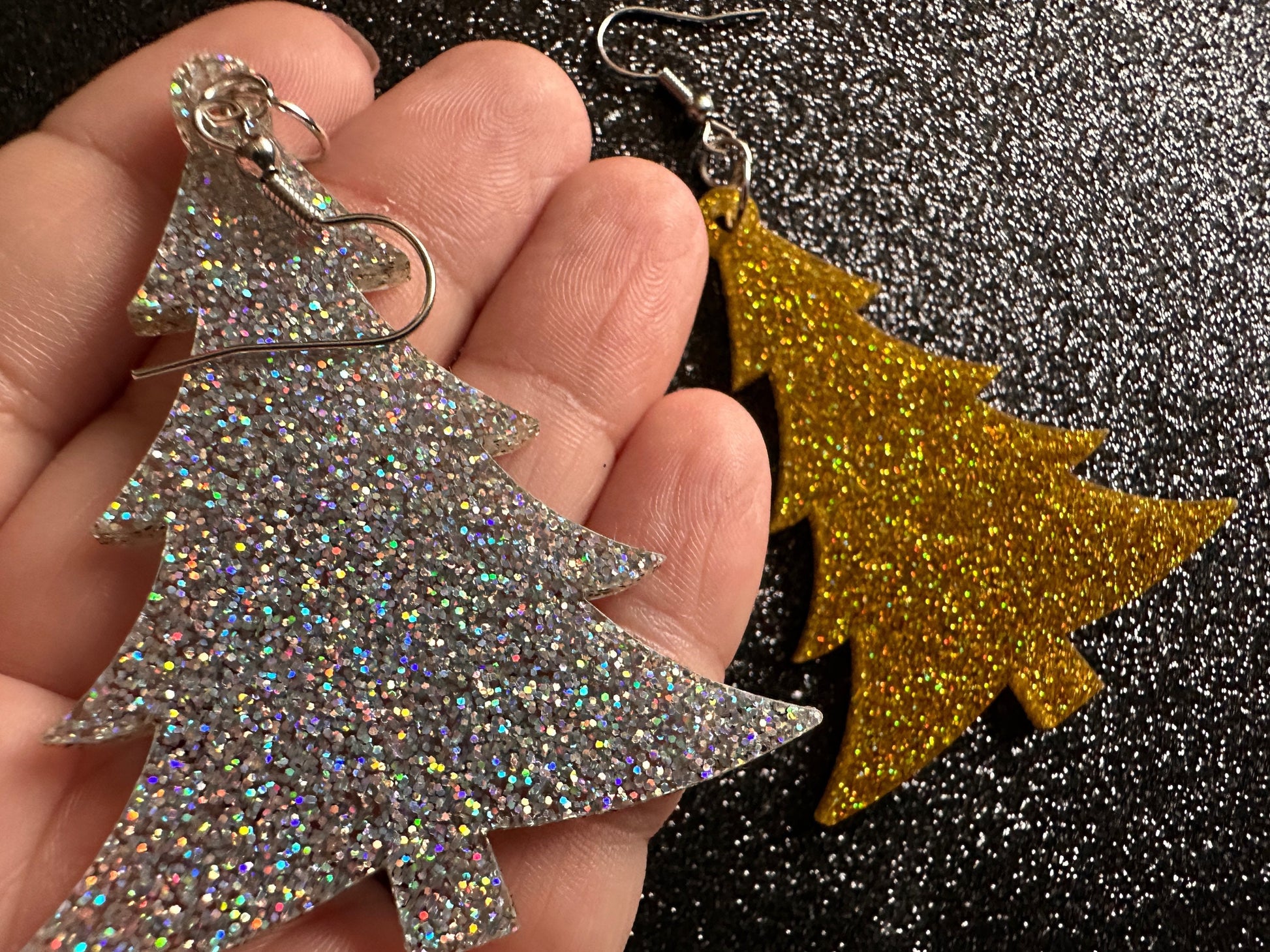 Glittery Christmas Tree Earrings: Laser Cut Acrylic Xmas Trees, Shiny, Sparkly, Green Earrings, Winter, Gifts for Her/Him/Them